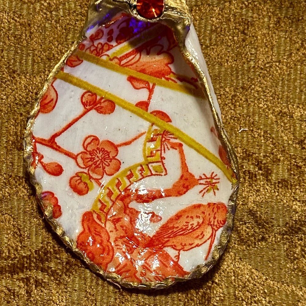 Handcrafted oyster shell trinket/jewelry dish with orange and gold Floral Design